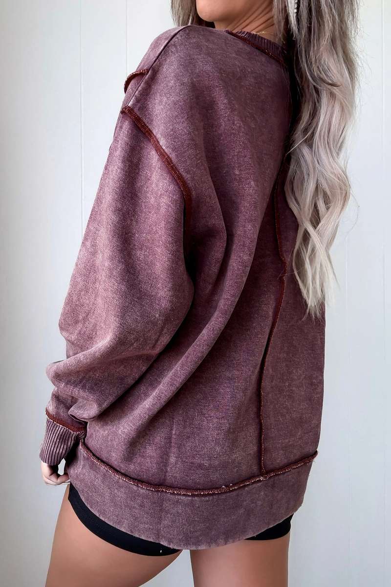 Red Sandalwood Mineral Wash Exposed Seam Side Slit Sweatshirt