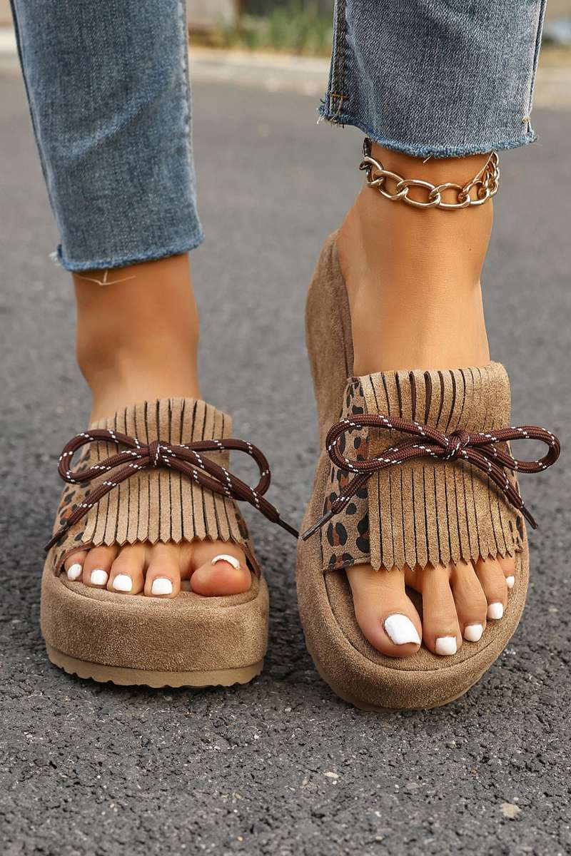 Coffee Leopard Faux Suede Slashed Lace-up Detail Platform Slippers
