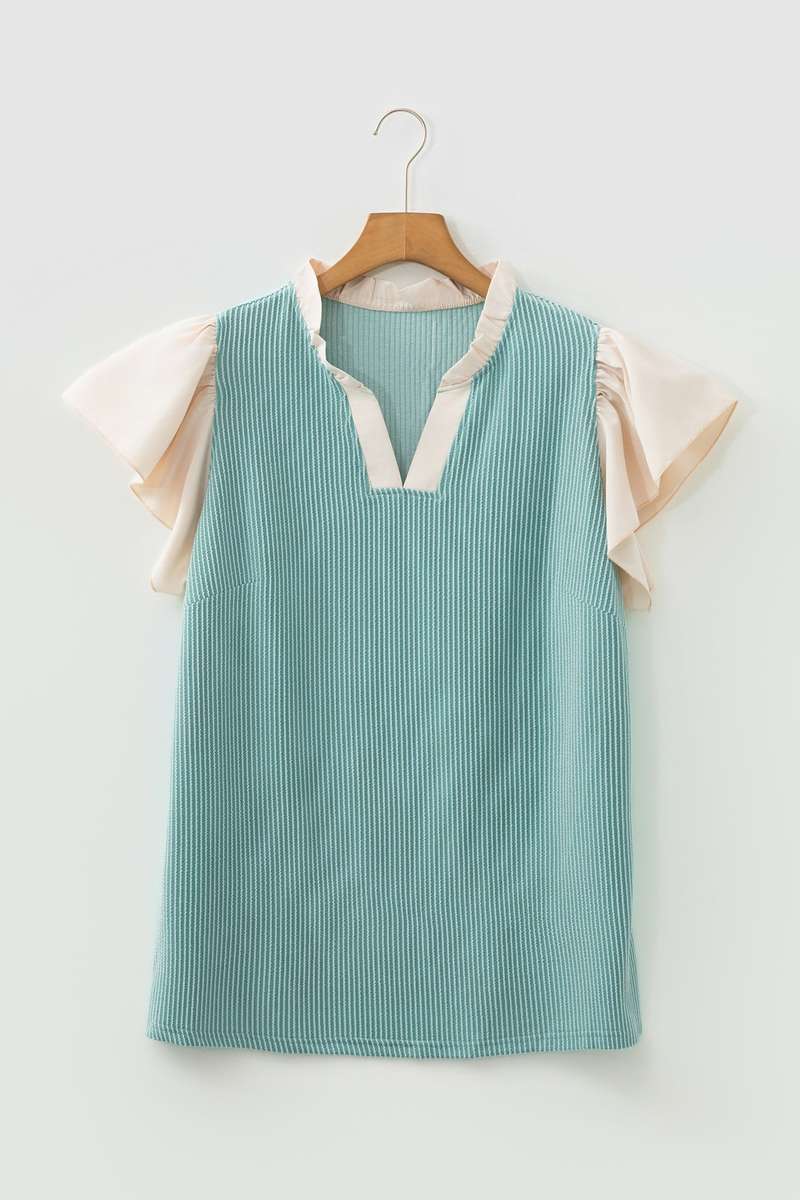 Light Blue Plus Size Contrast Frilled Neckline Ruffled Short Sleeve Ribbed Textured Blouse