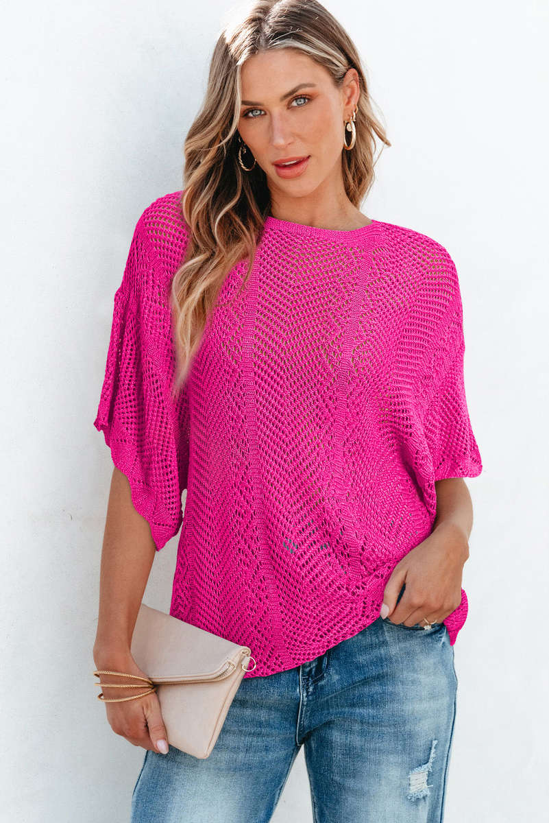 Rose Red Pointelle Knit Scallop Edge Short Sleeve Top