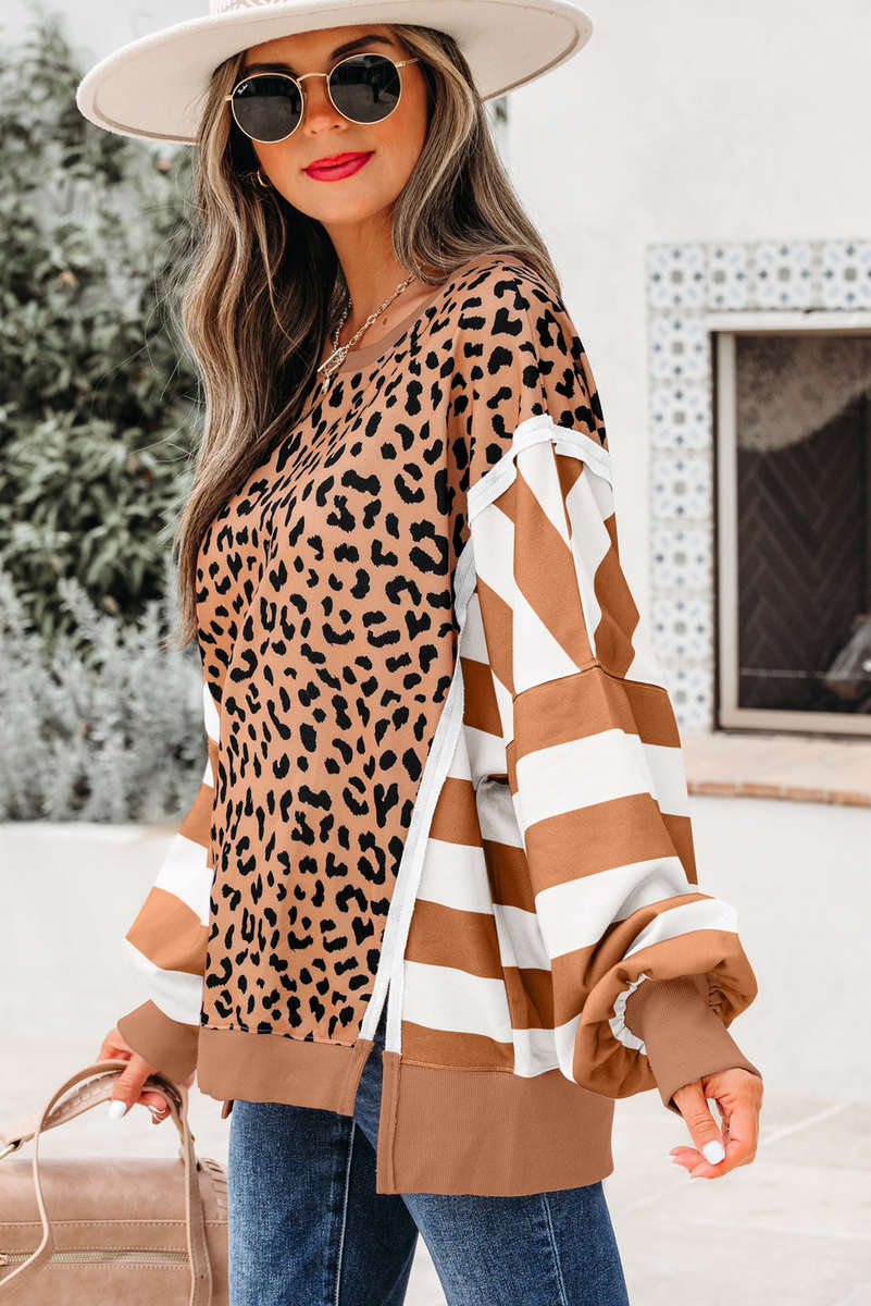 Khaki Stripe Color Block Patchwork Leopard Casual Sweatshirt with Slits