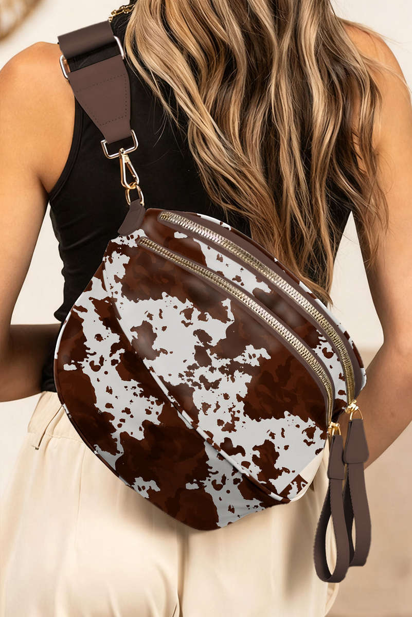 Coffee Cow Spots Printed Double Zip Crossbody Bag