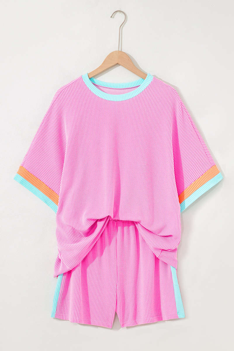 Bonbon Plus Size Color Block Corded Knit Tee and Shorts Set