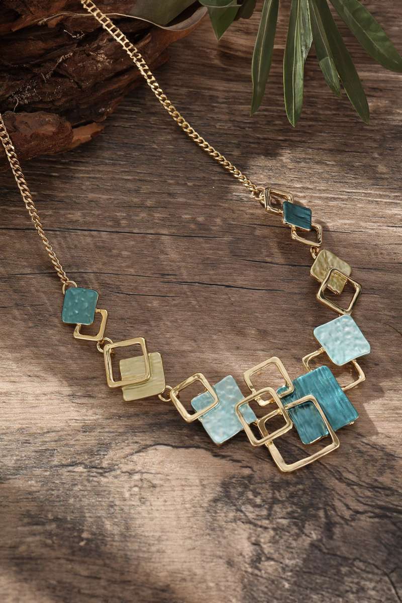 Peacock Blue Bohemian Simple Geometric Hollowed Alloy Thin Coating Necklace