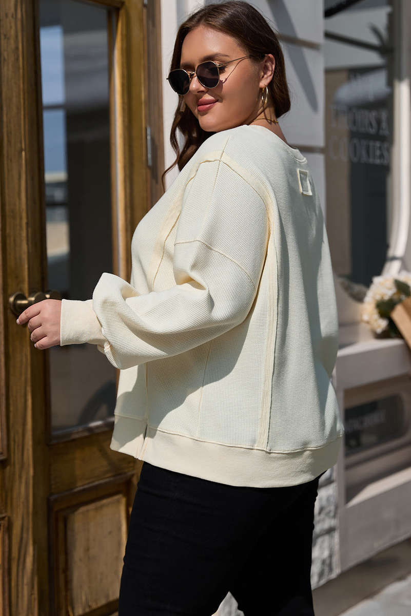 White Solid Color Waffle Knit Drop Shoulder Plus Size Sweatshirt