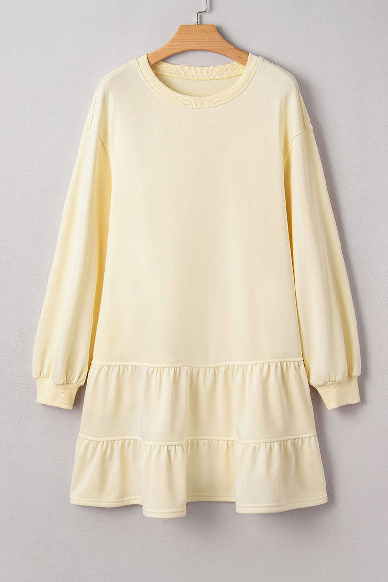 Beige Double Tiered Ruffle Hem Long Sleeve Loose Mini Dress