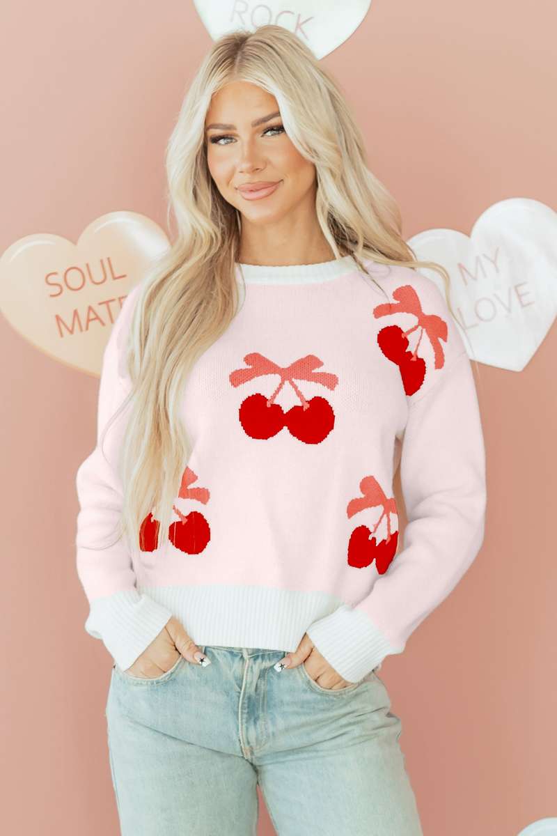 White Cherry Pattern Drop Shoulder Sweater