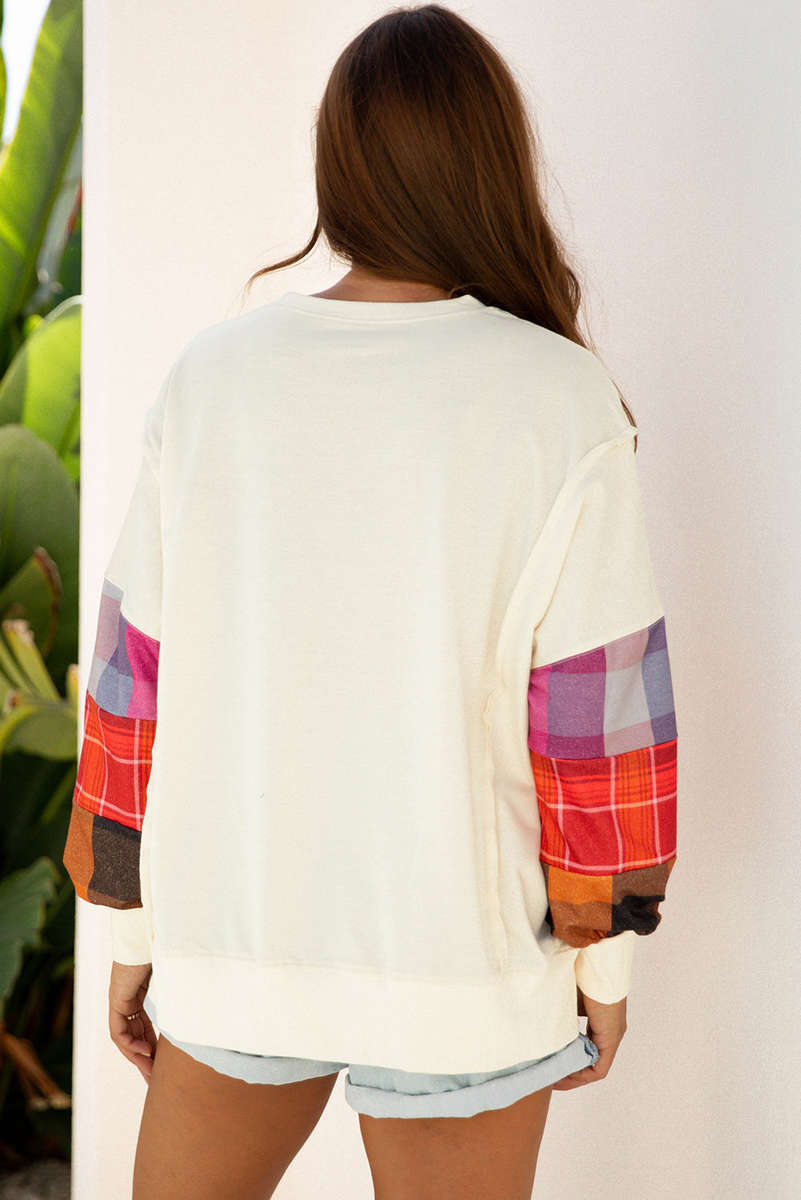 Beige Contrast Plaid Long Sleeve Exposed Seam Patchwork Top