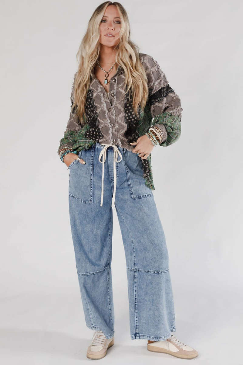 Ashleigh Blue Acid Wash Exposed Seam Drawstring Elastic Waistband Jeans