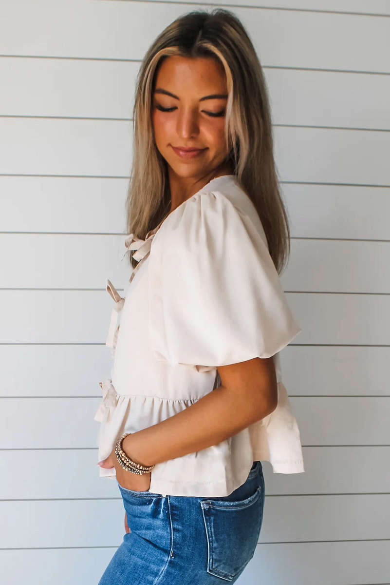 White Bow Tie Short Puff Sleeve Ruffle Hem Blouse