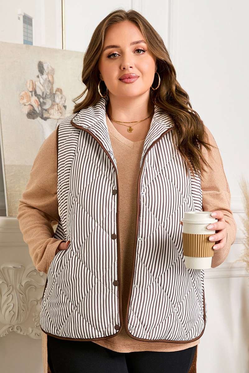 Brown Stripe Quilted Wavy Hem Snap Button Plus Size Vest
