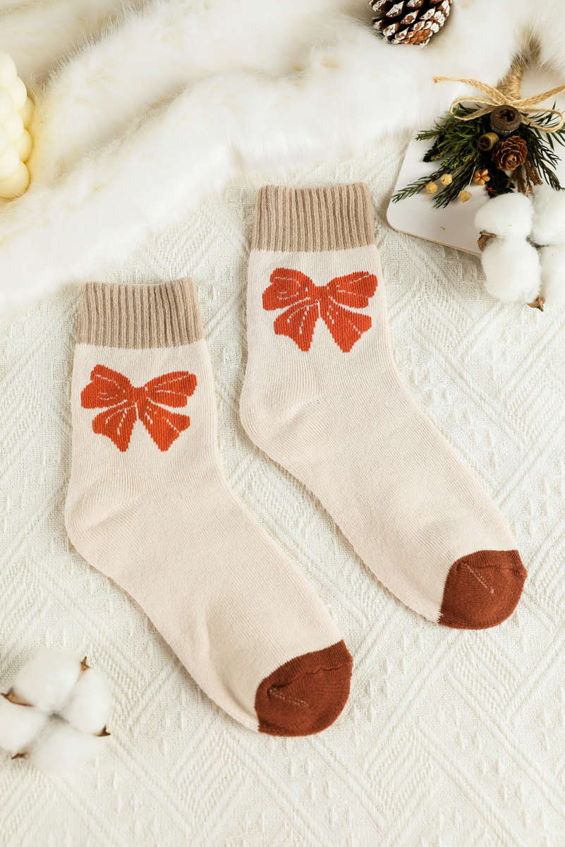 Khaki Bow Printed Color Block Knit Womens Socks