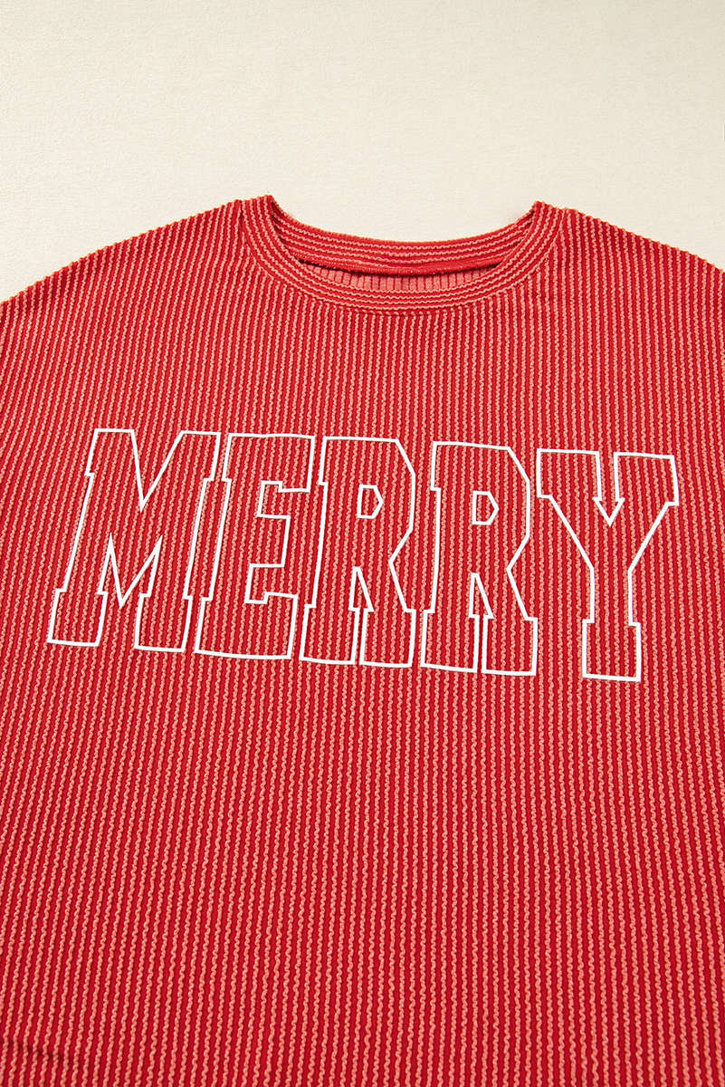 Fiery Red Twisted Rib Outlined Merry Letter Graphic Loose Long Sleeve Top