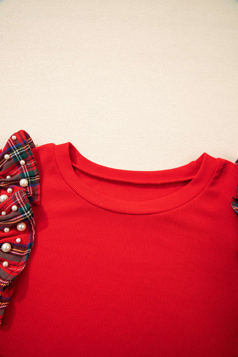 Racing Red Plaid Pearl Ruffle Short Sleeve Loose T Shirt