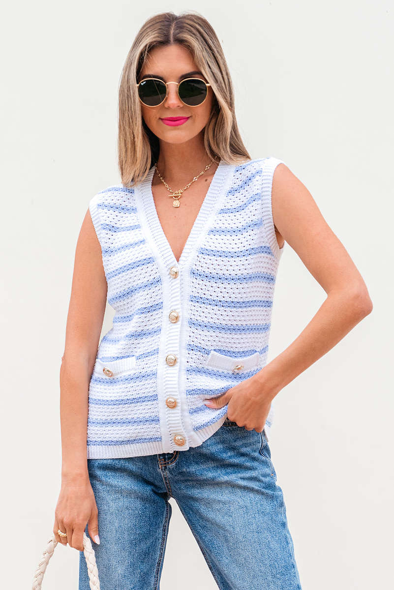 Sky Blue Stripe V Neck Gold Buttons Elegant Sweater Vest