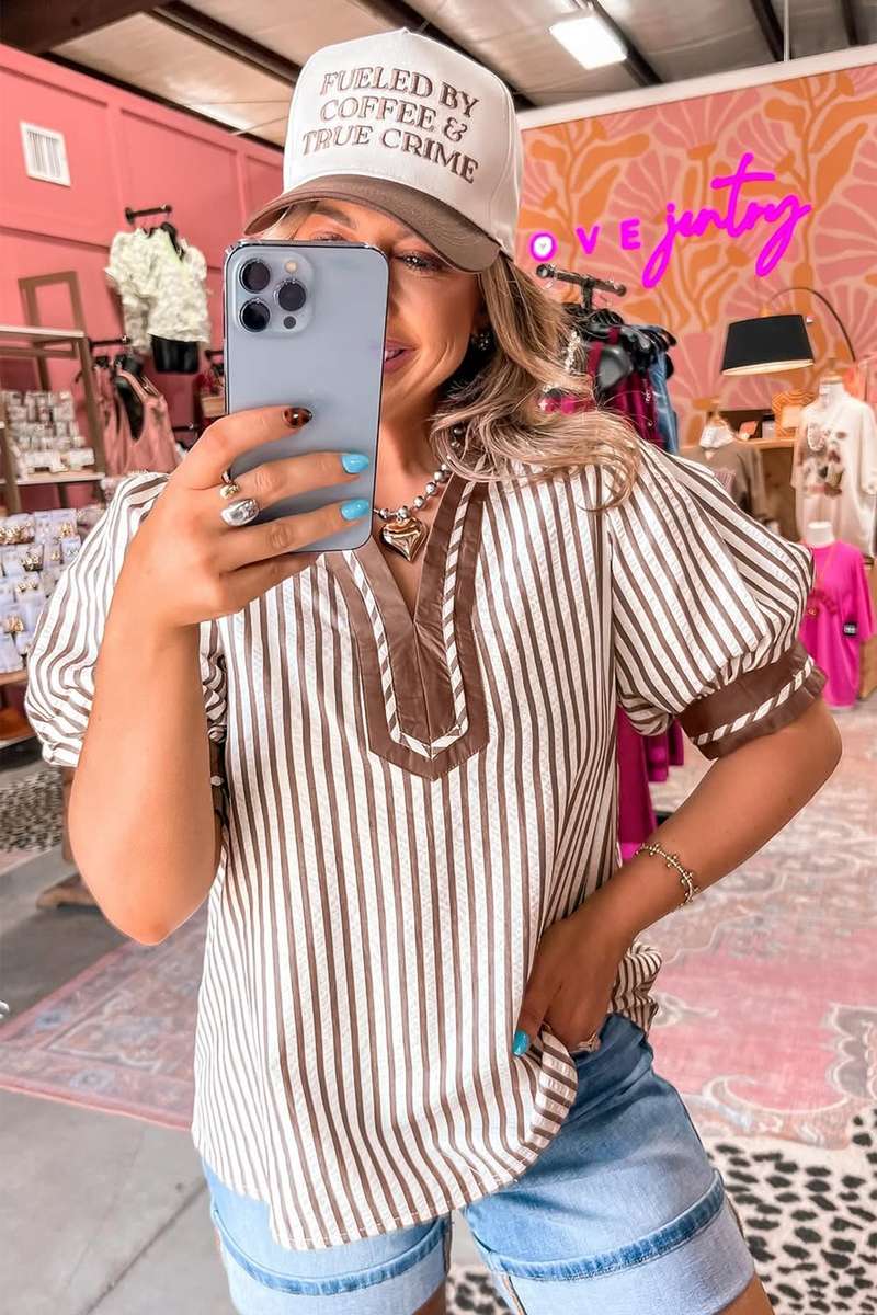 Khaki Stripe Collared Split Neck Short Bubble Sleeve Blouse