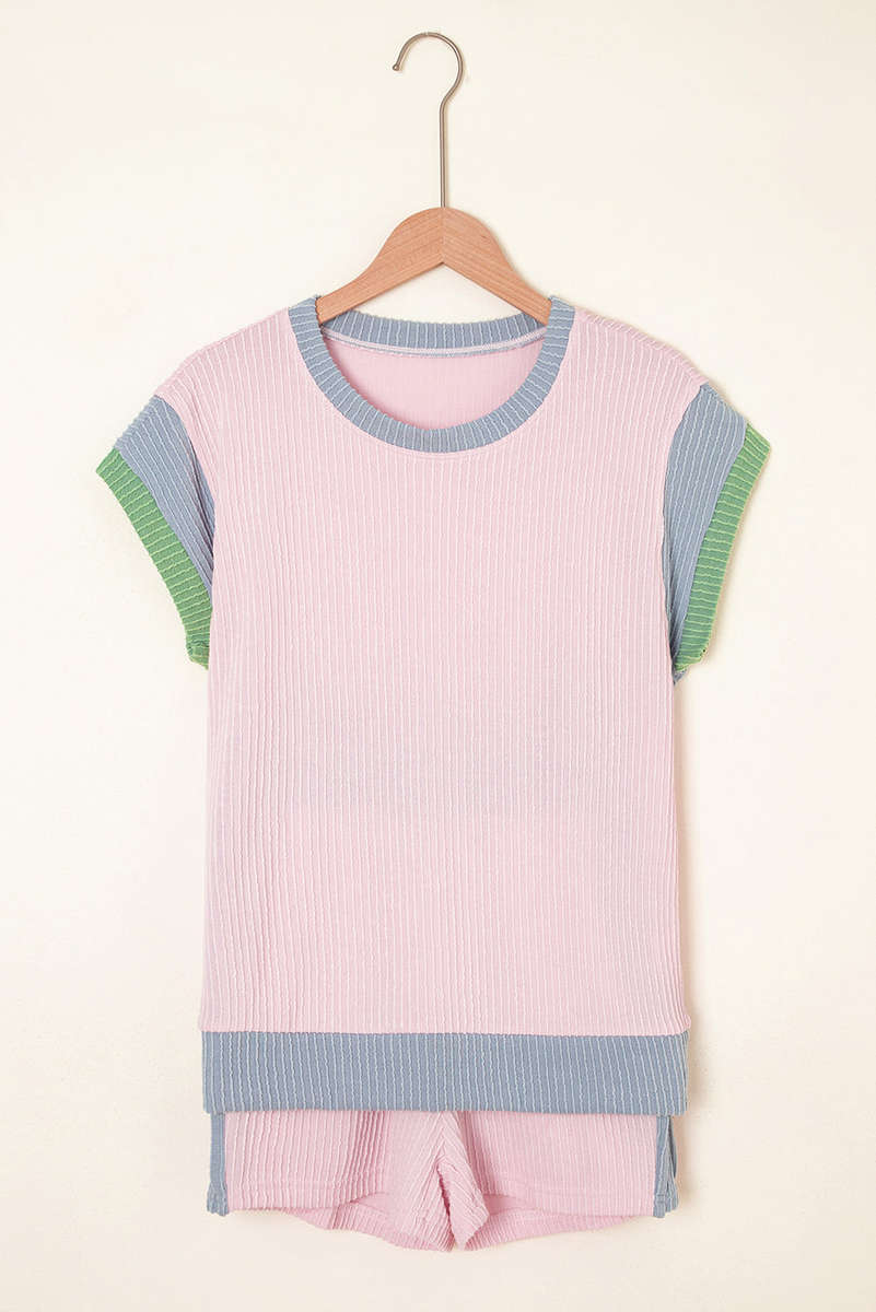 Light Pink Colorblock Corded Short Sleeve Boxy Top and Shorts Set