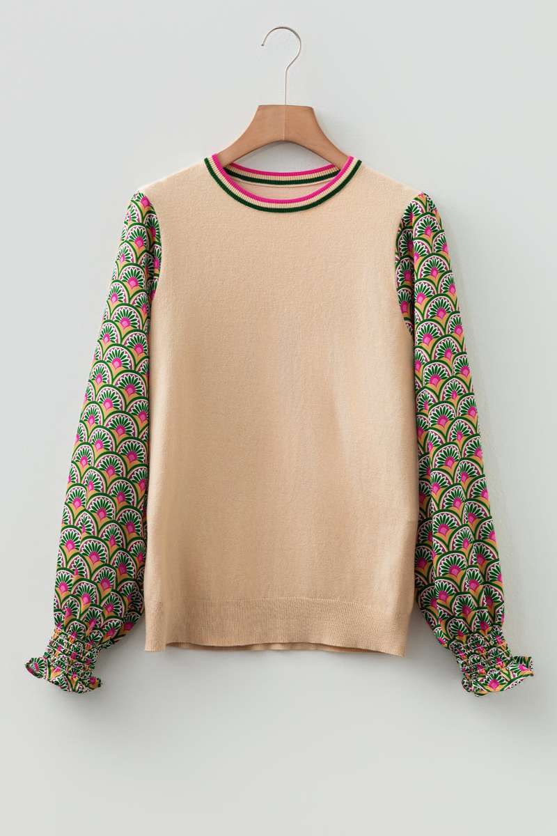 Apricot Floral Patchwork Shirred Cuff Puff Sleeve Sweater