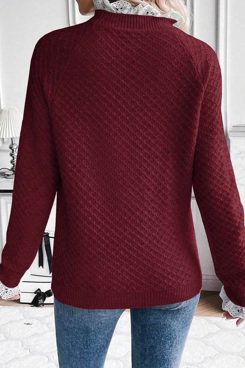 Burgundy  Contrast Lace Frilled Trim Raglan Sleeve Sweater