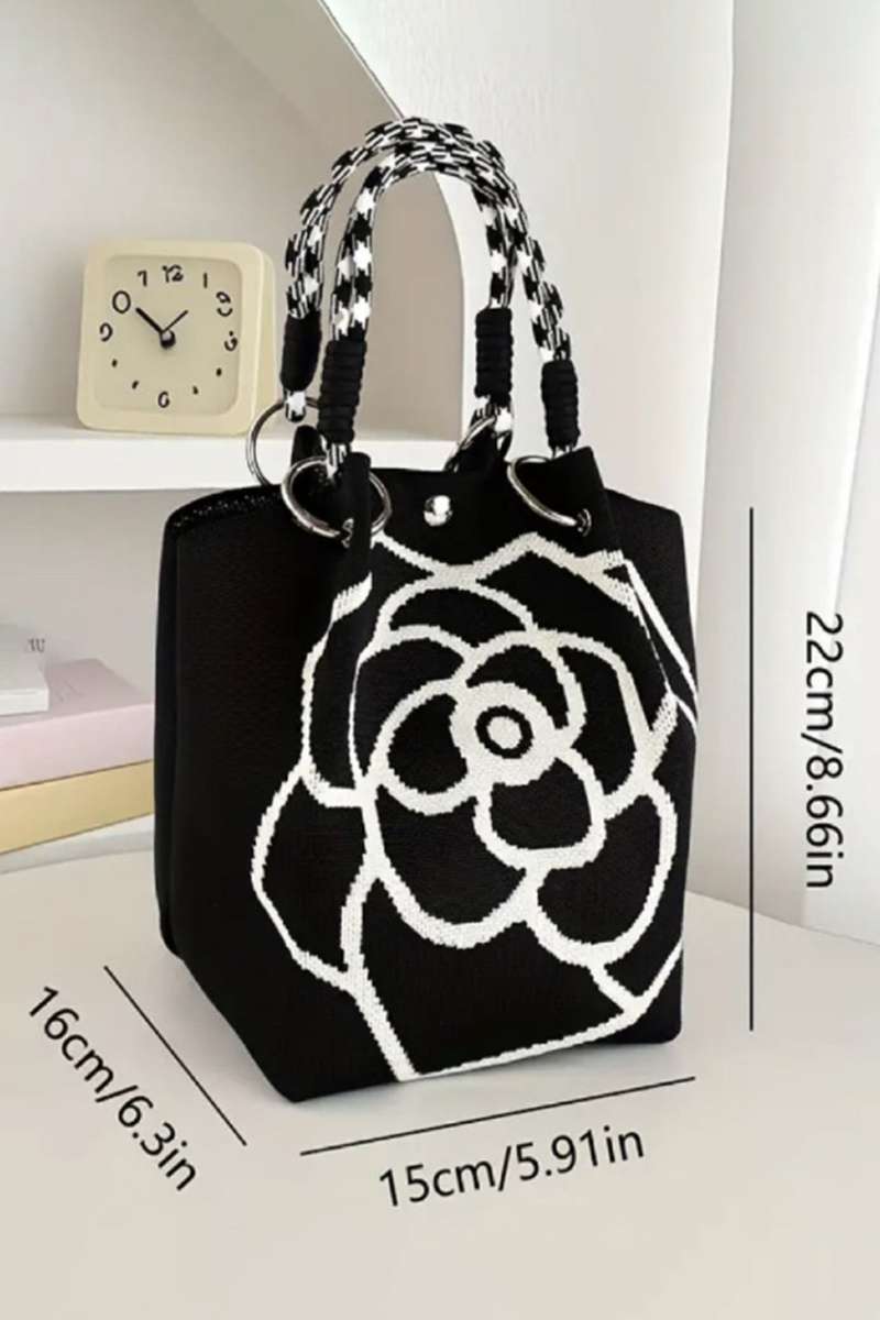Color black Retro Rose Flower Large Knitted Tote Bag