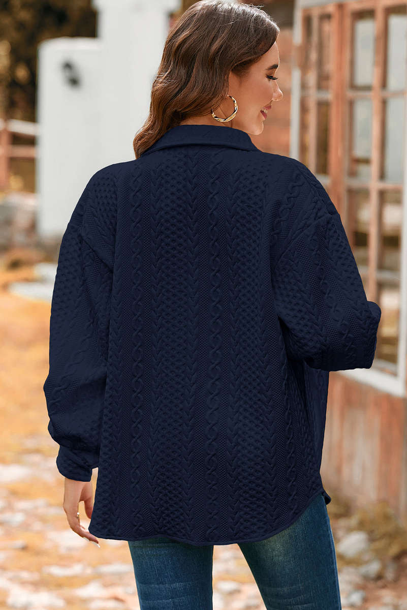 Navy Blue Cable Texture Puff Sleeve Loose Shacket