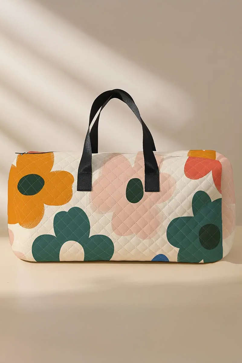 White Flower Print Quilted Large Duffel Bag