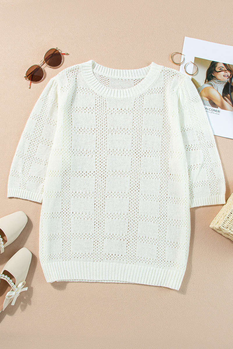White Plaid Pattern Crochet Knit Short Sleeve Sweater