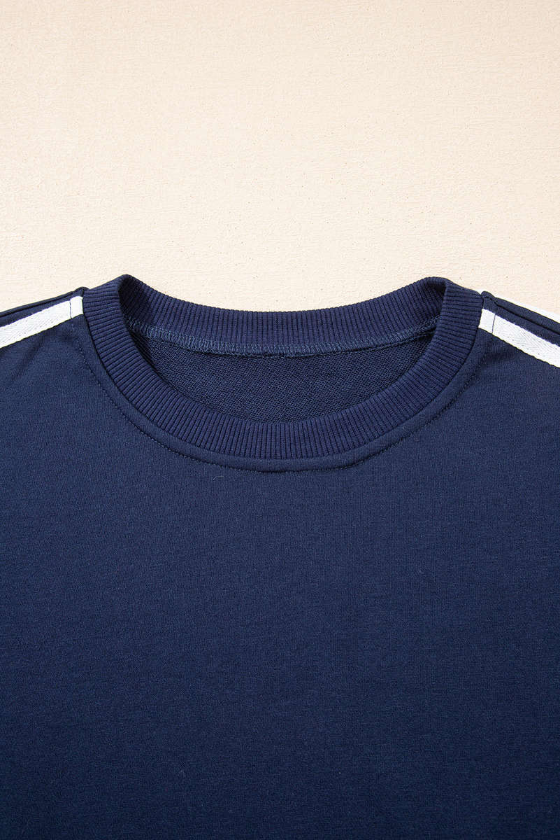 Dirty blue Varsity Striped Detail Crewneck Pullover Elastic Sweatpants 2pcs Outfit