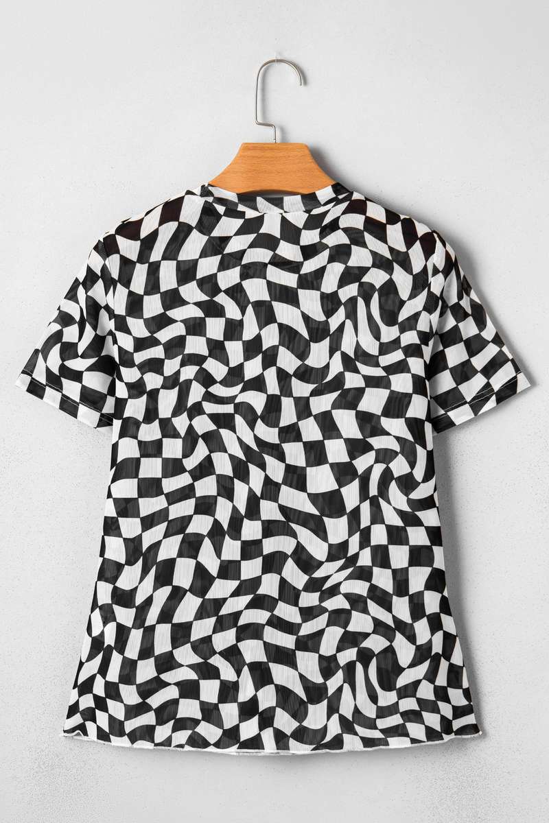 Black Checkered Print Mock Neck Mesh T Shirt