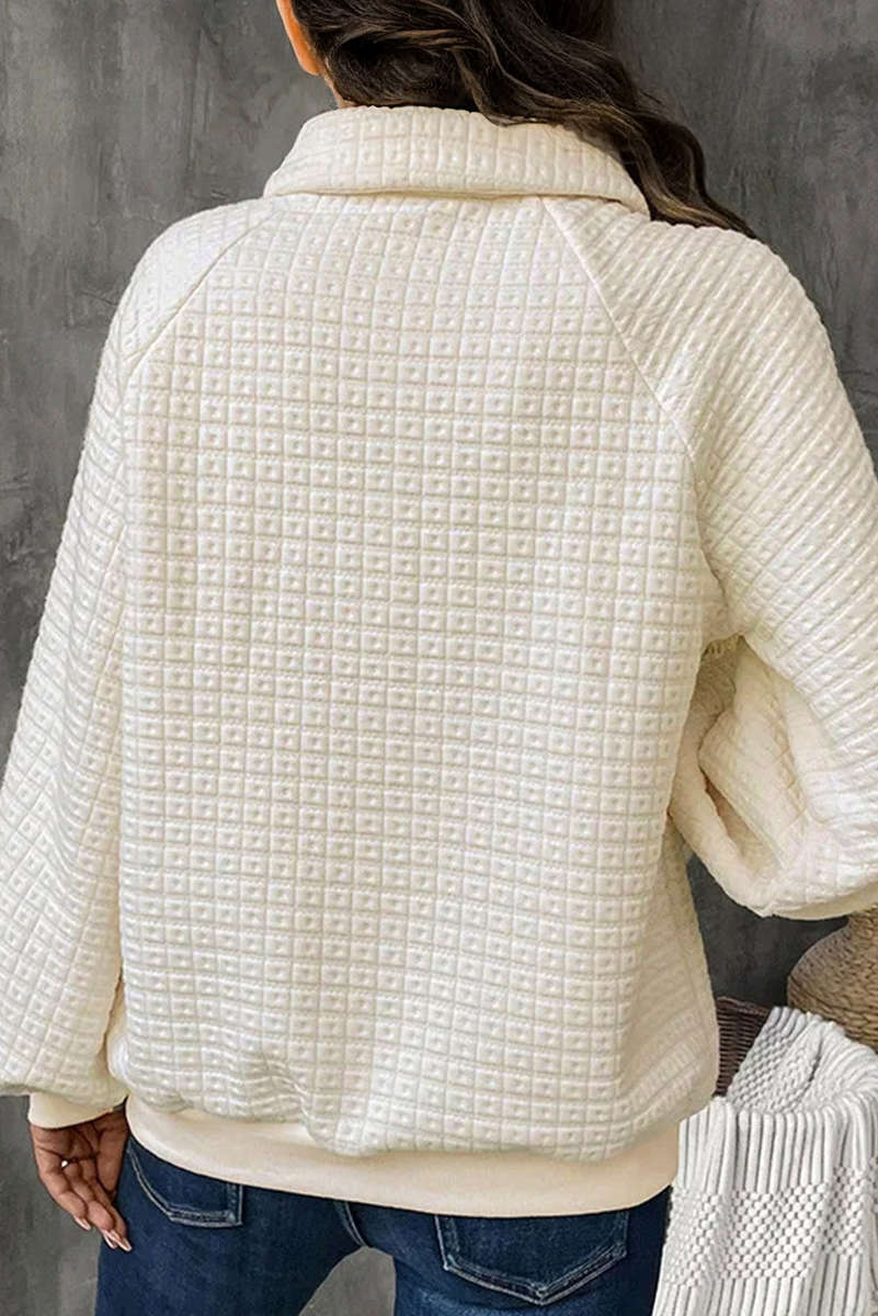Beige Pineapple Textured Half Button Collared Sweatshirt