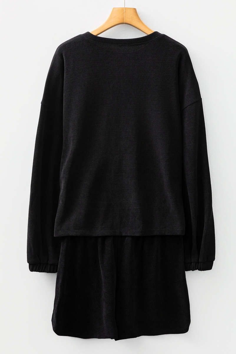 Black Solid Color Textured Knit Drop Shoulder Pullover Drawstring Shorts Set