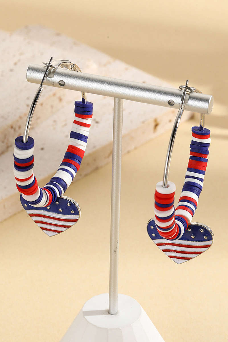 Silvery US Flag Heart Pendant Beaded Big Hoop Earrings