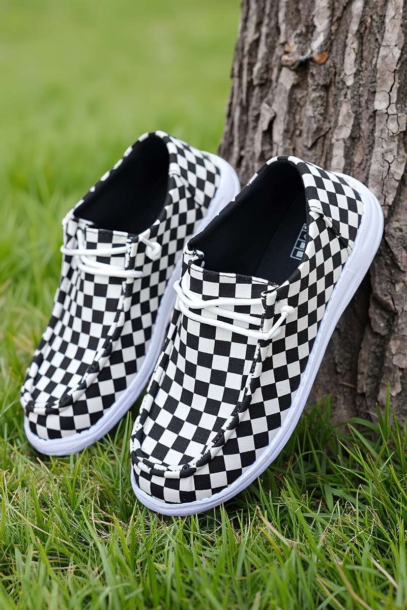 Color black Checkered Print Lace-up Detail Flat Shoes