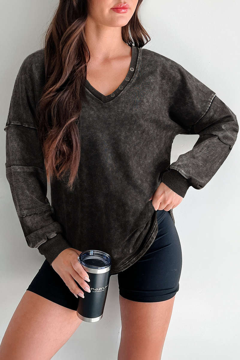 Carbon Grey Mineral Wash Exposed Seam Buttoned V Neck Pullover Top