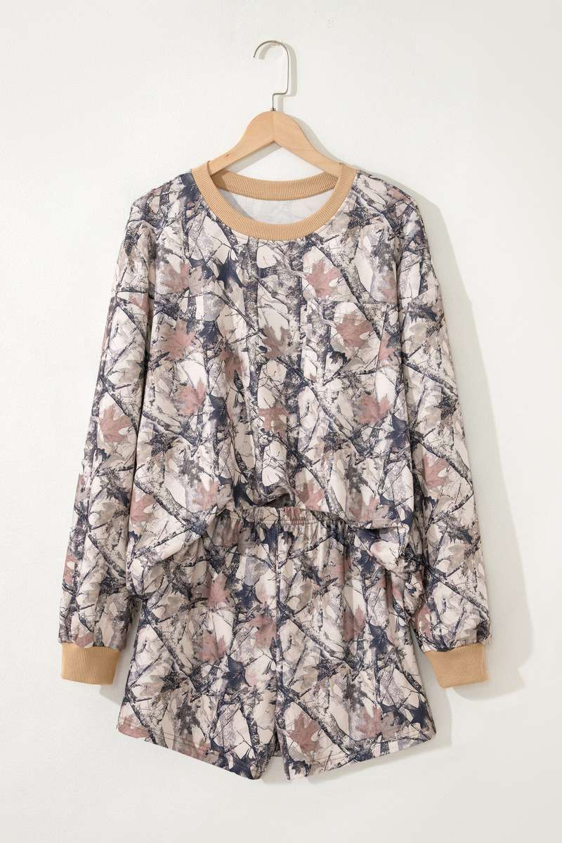 Khaki Woodland Camo Print Long Sleeve Top Casual Short Set