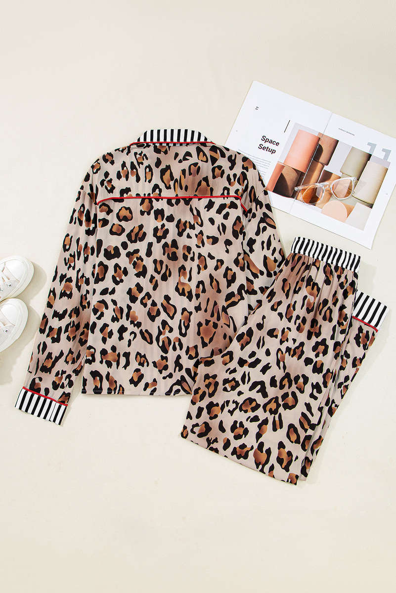 Khaki Leopard Print Colorblock Striped Edge Shirt and Pants Pajama Set