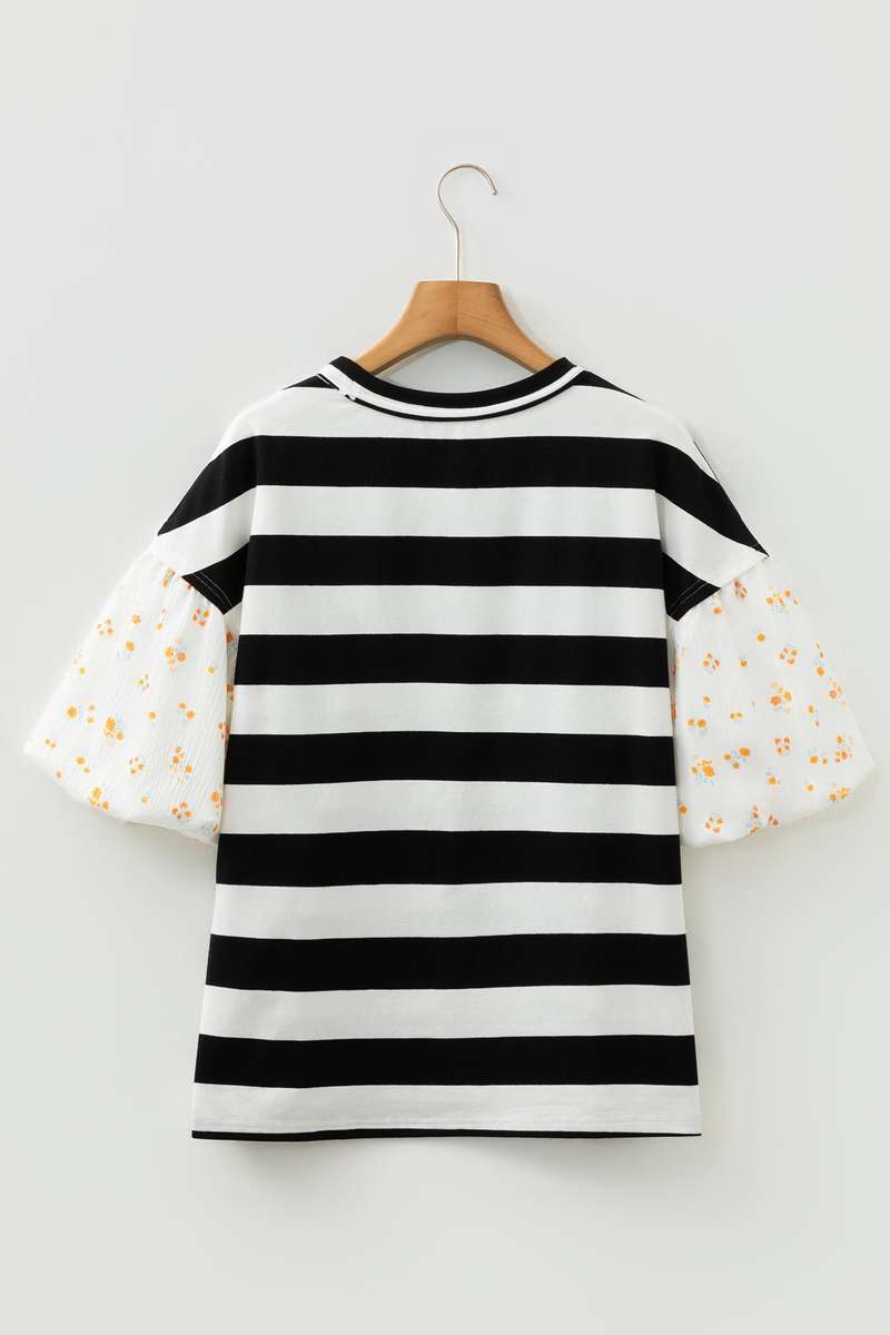 Black Stripe Floral Print Puff Sleeve Patchwork Blouse