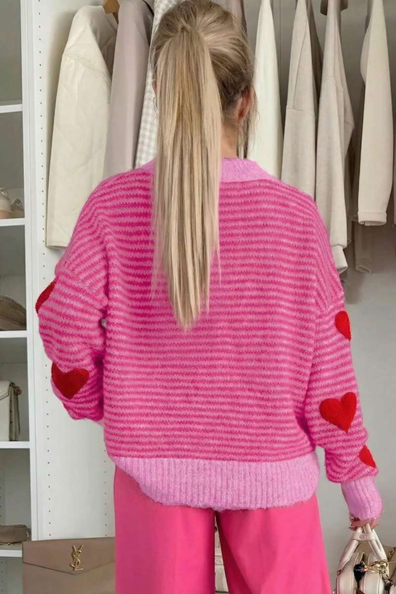 Rose Stripe Contrast Heart Pattern Valentine Knit Sweater