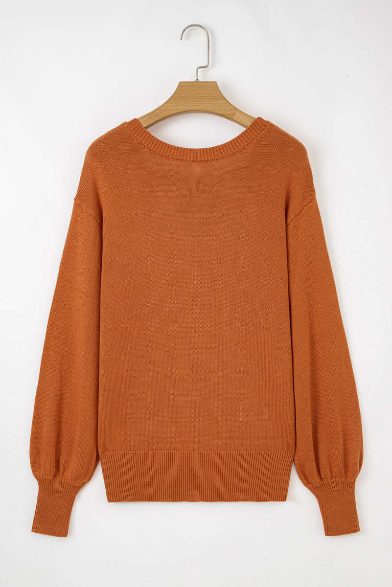 Gold Flame Solid Color Ribbed Trim Drop Shoulder Sweater