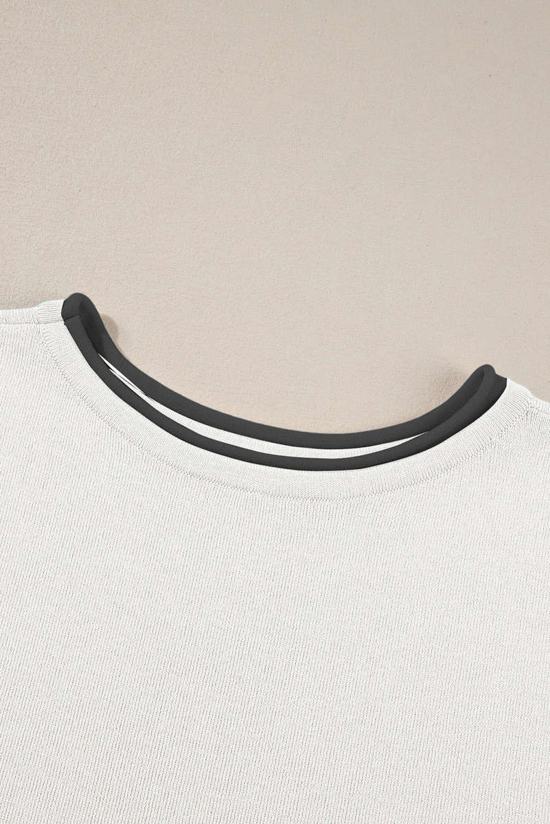 White Contrast Trim Half Sleeve Top Drawstring Pants Loose 2pcs Sweater Suit