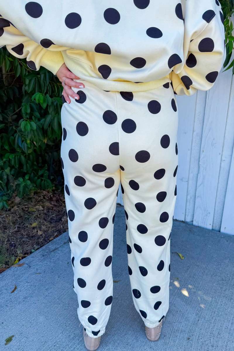 Beige Polka Dot Print Drop Shoulder Pullover Drawstring Jogger Pant Set