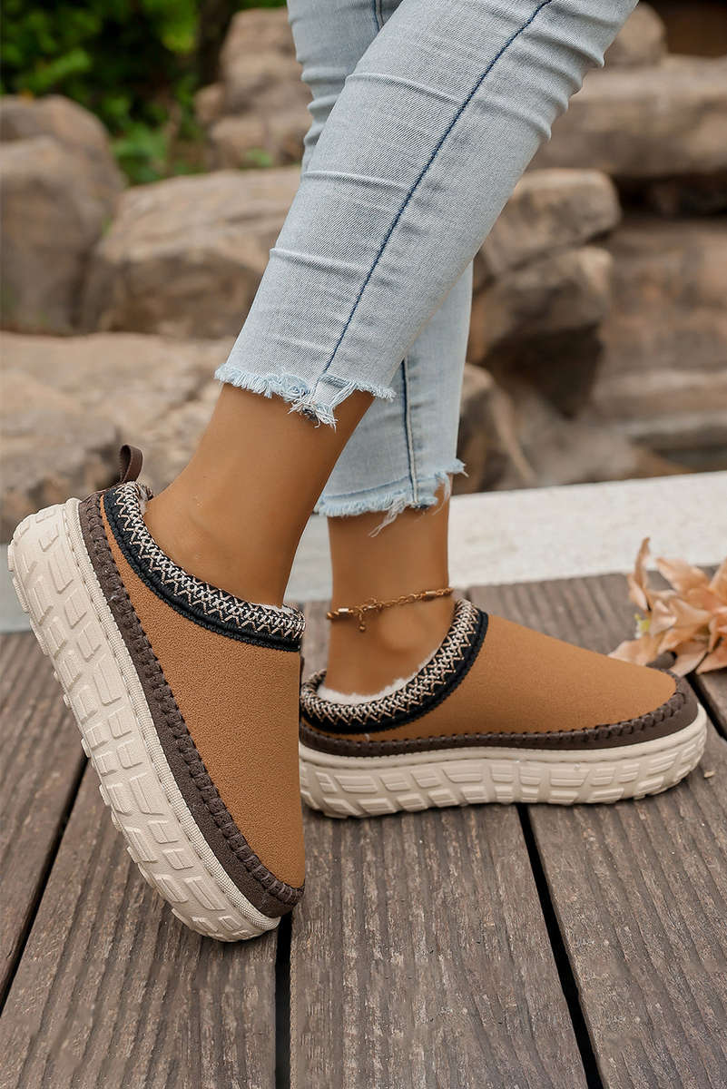 Coffee Contrast Stitch Detail Faux Suede PU Patchwork Plush Winter Clog Slippers