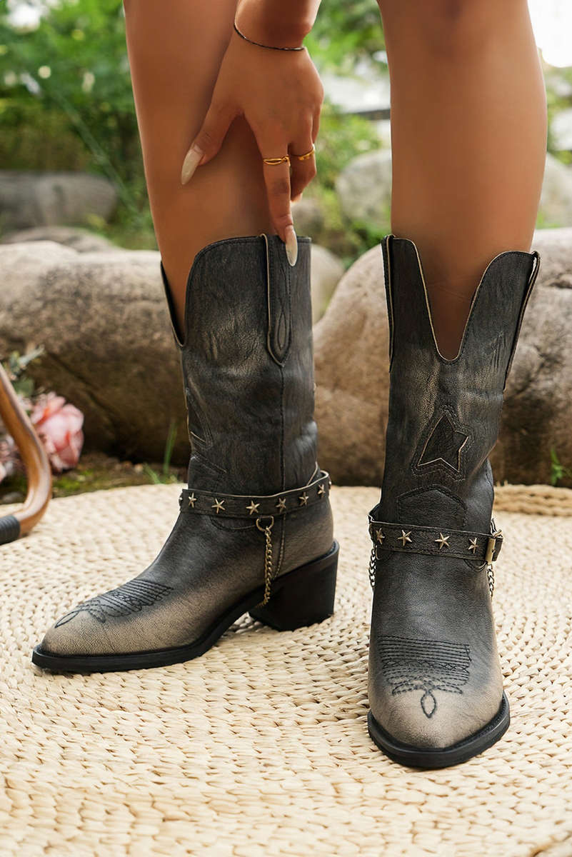 Dark Brown Western Distressed Pointed Toe Chunky Heel Boots