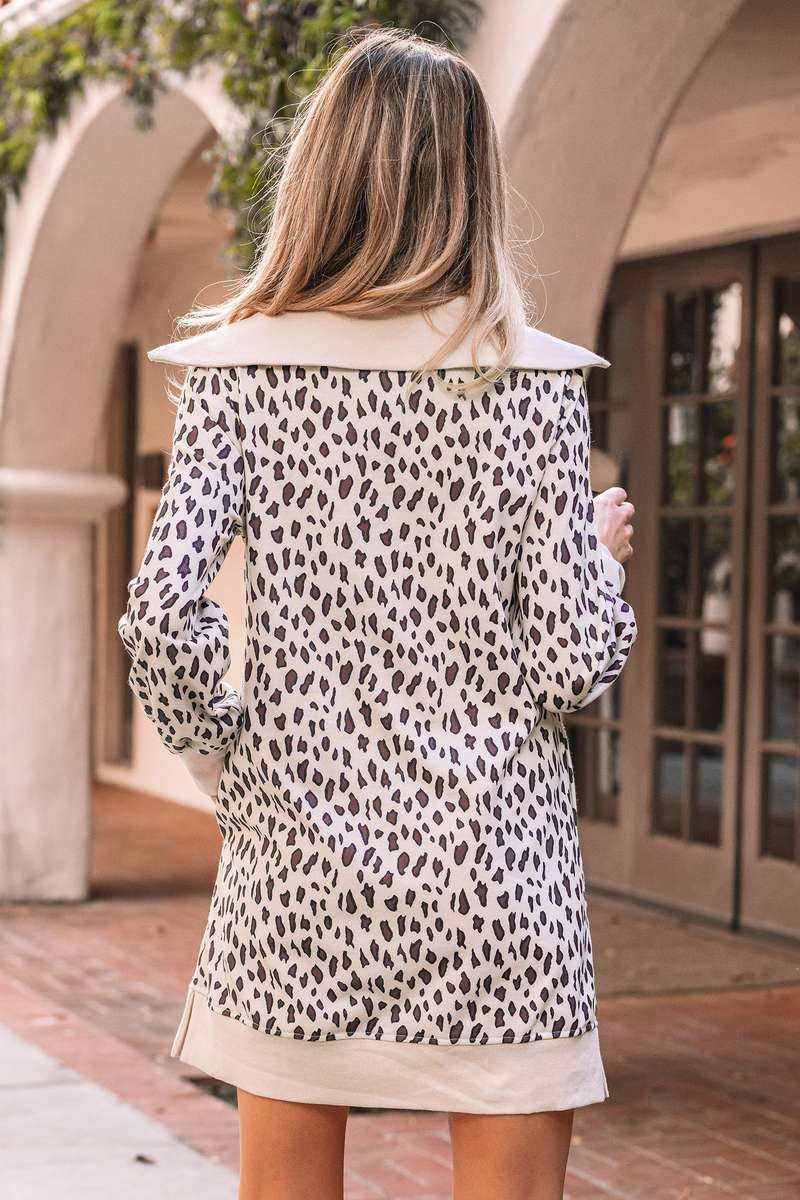 Khaki Leopard Print Zip up Collar Patchwork Shift Mini Dress