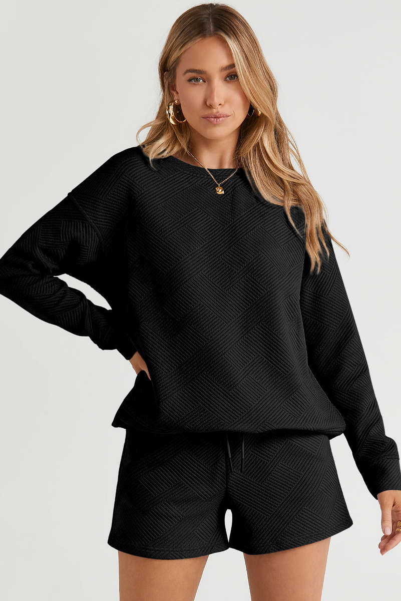 Black Textured Long Sleeve Top and Drawstring Shorts Set