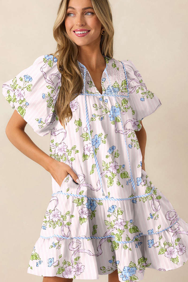 Pink Floral Striped Print Contrast Trim Tie Split Neck Mini Dress