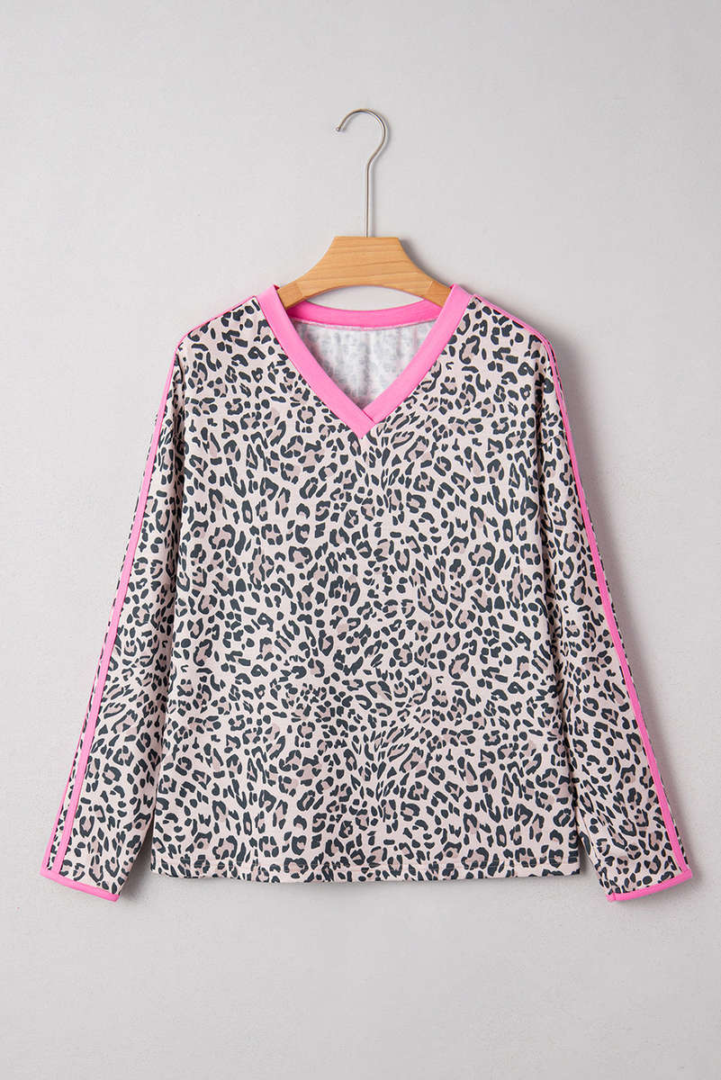 Khaki Leopard Print Contrast V Neck Varsity Stripe Detail Long Sleeve Top