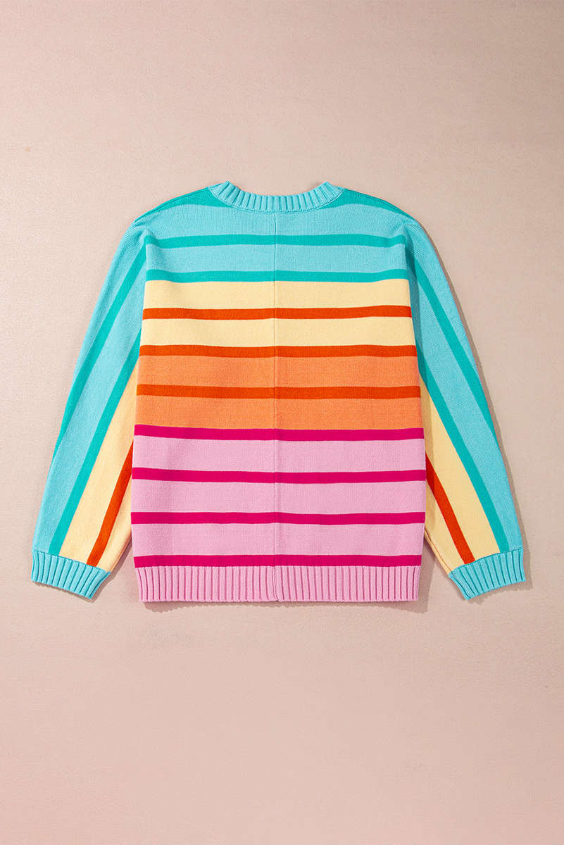 Yellow Stripe Gradient Striped Ribbed Edge Loose Sweater