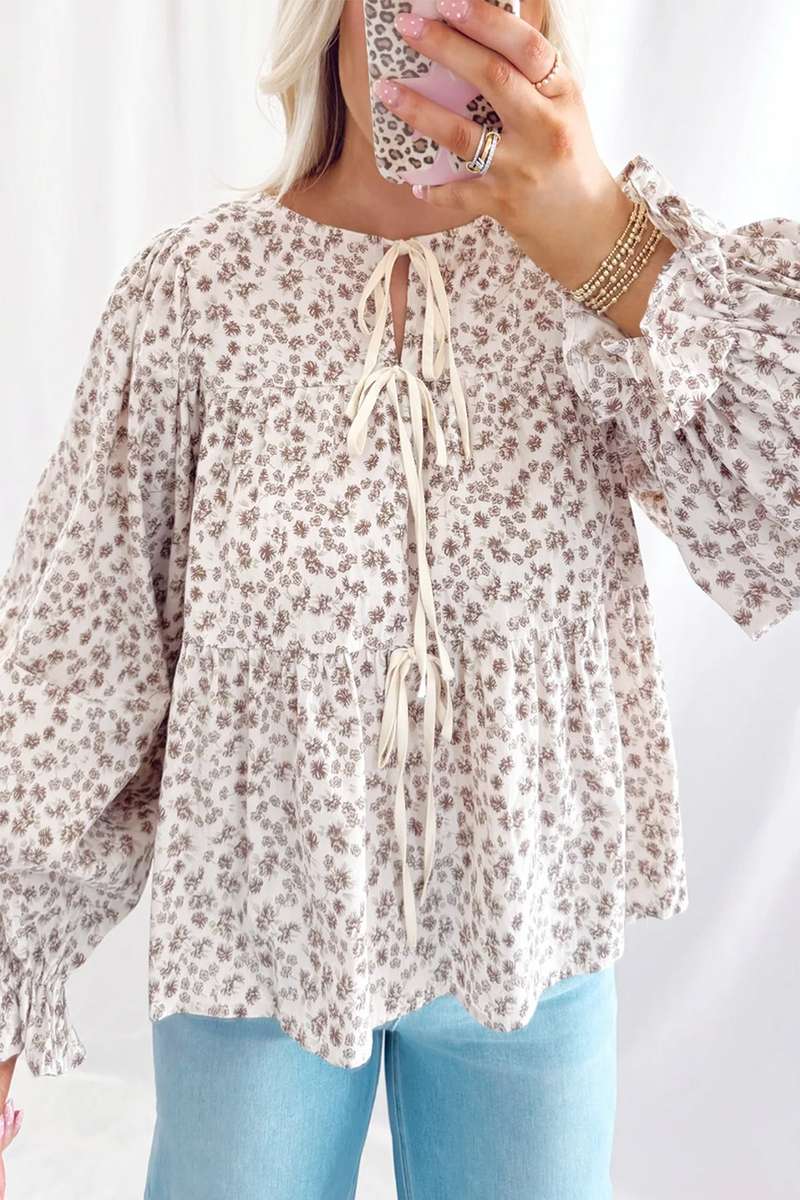 White Bow Tie Front Floral Print Flounce Sleeve Peplum Blouse