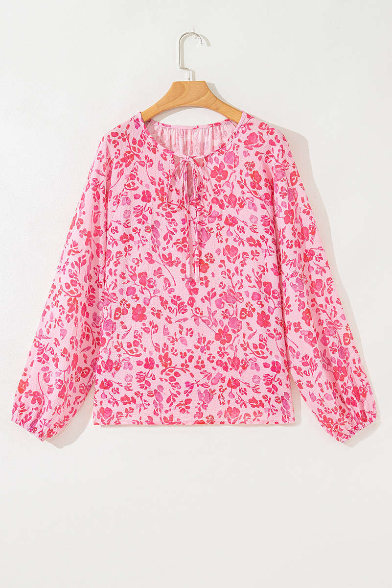 Pink Floral Puff Sleeve Split Neck Lightweight Blouse